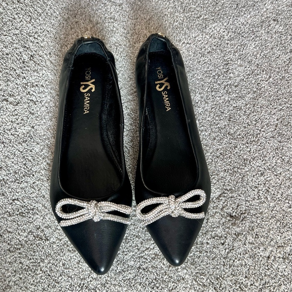 Yosi Samra YS Vivienne Size 8 Black Pointed Toe Ballet Flats Rhinestone Bow